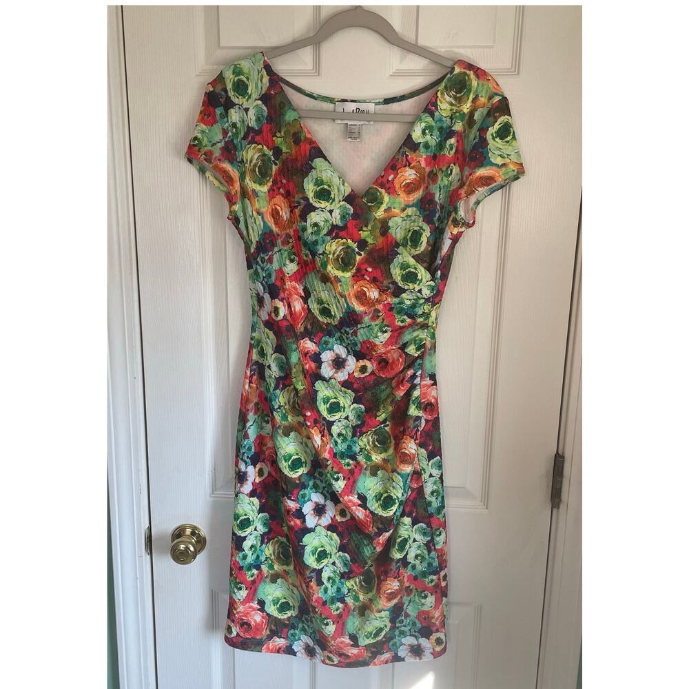 Joseph Ribkoff Sheath Floral Dress Sz 8 Colorful Ruched Stretchy V-Neck Chic - Picture 9 of 13